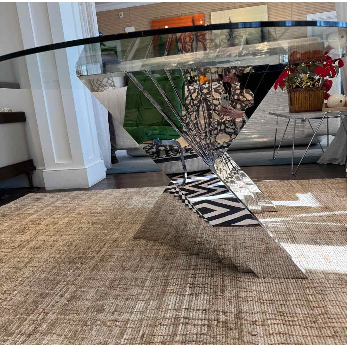 Custom Geometric Chrome Dining Table w/ Glass Top