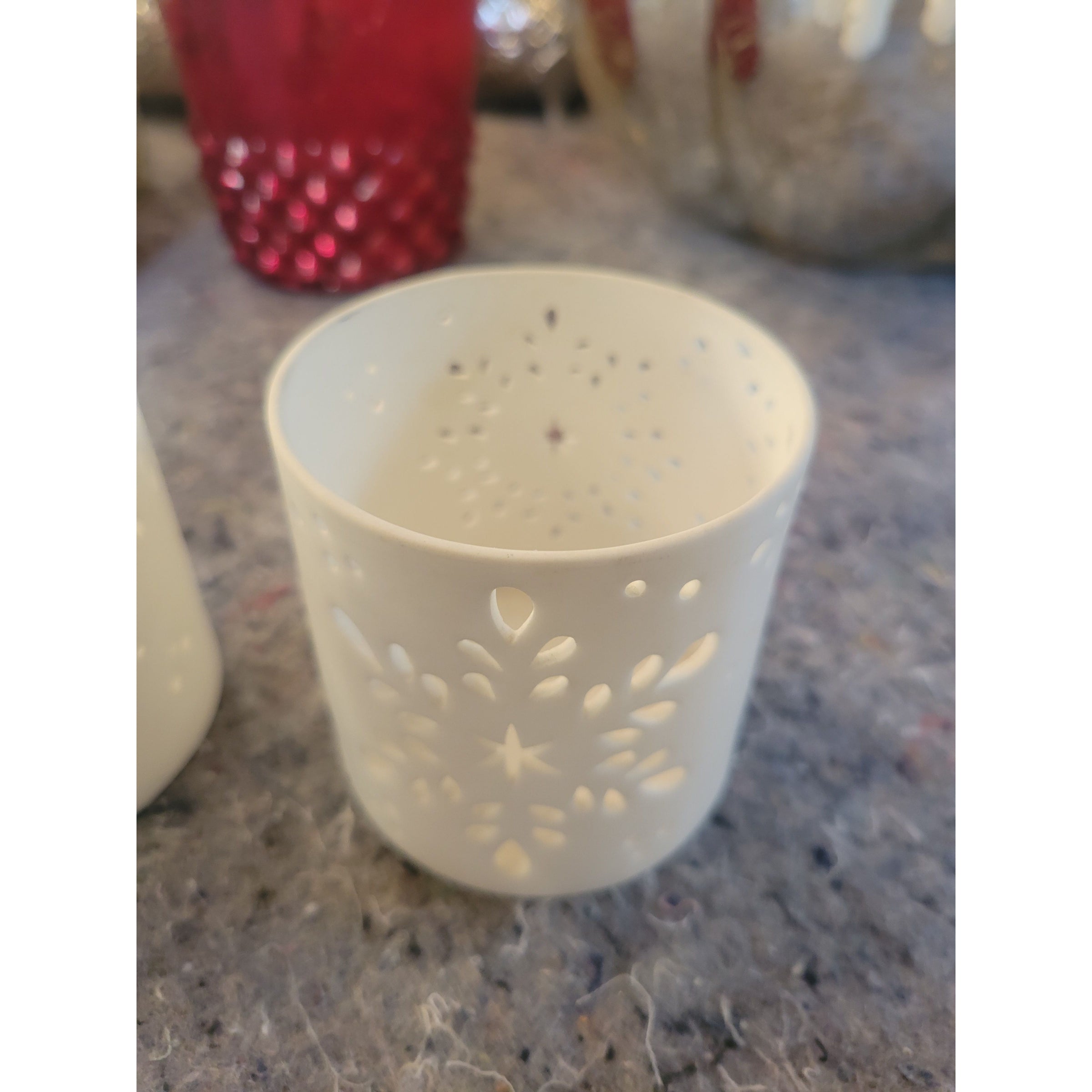 Pair of White Snowflake Votive Candle Holders