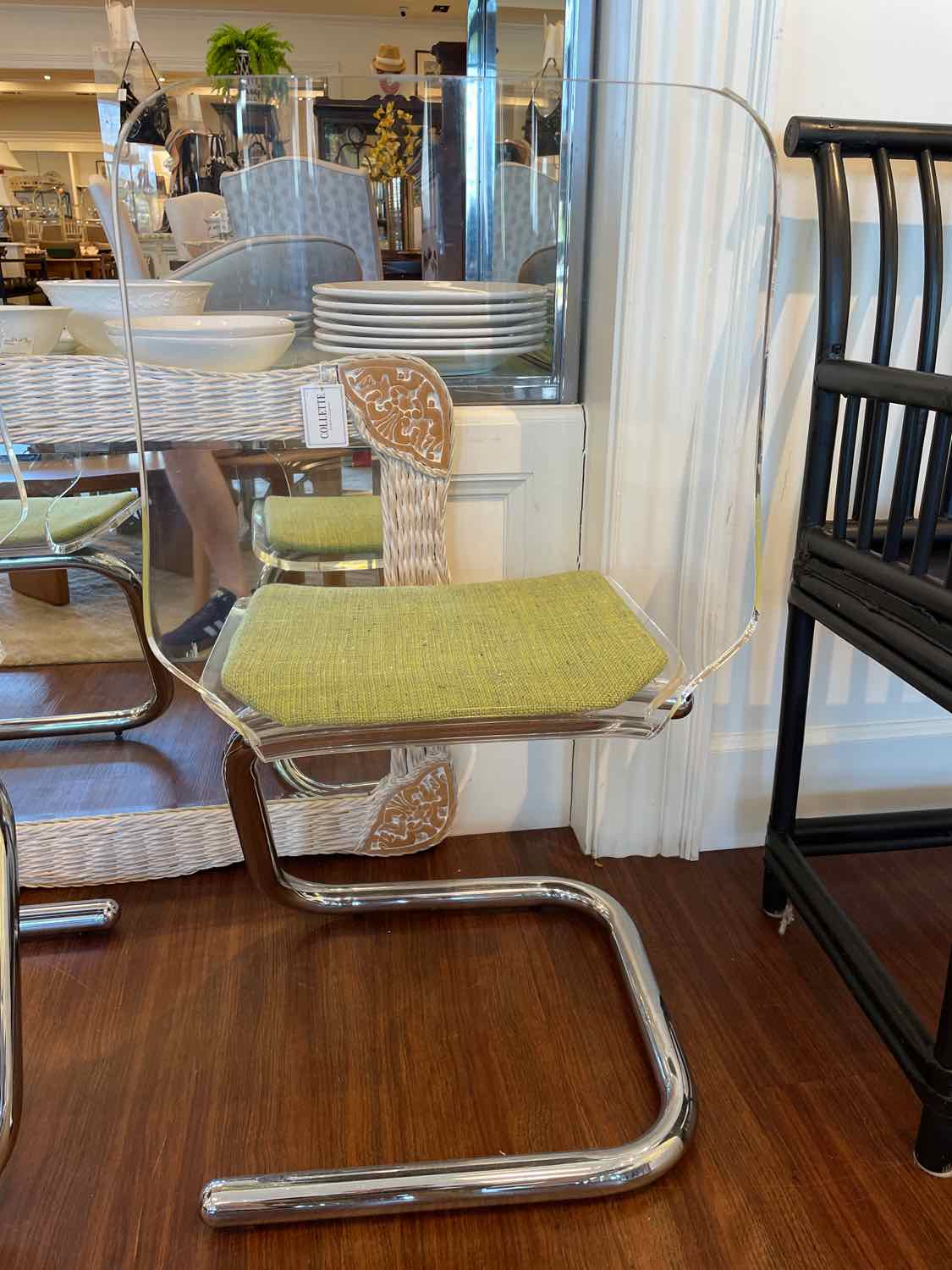 PAIR of Mid-Century Lucite & Chrome Chairs w/ Green Seats by Luigi Bardini