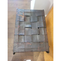 Mid-Century French Industrial Black Leather & Metal Bench
