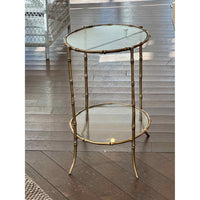 PAIR of Vintage Glass Top 2-Tier Side Tables w/ Brass Bamboo Style Legs - colletteconsignment.com