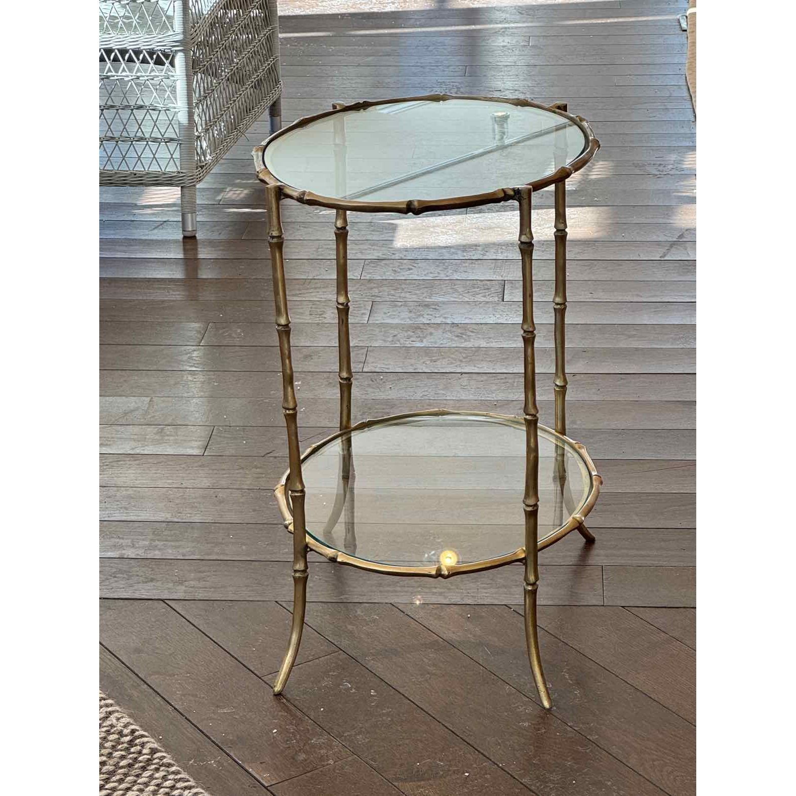 PAIR of Vintage Glass Top 2-Tier Side Tables w/ Brass Bamboo Style Legs - colletteconsignment.com