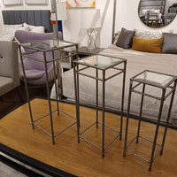 SET of 3 Metal & Brass Side Tables w/ Beveled Glass Tops