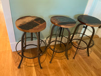 SET of 3 Round Wood & Iron Adjustable Bar Stools (AS IS)