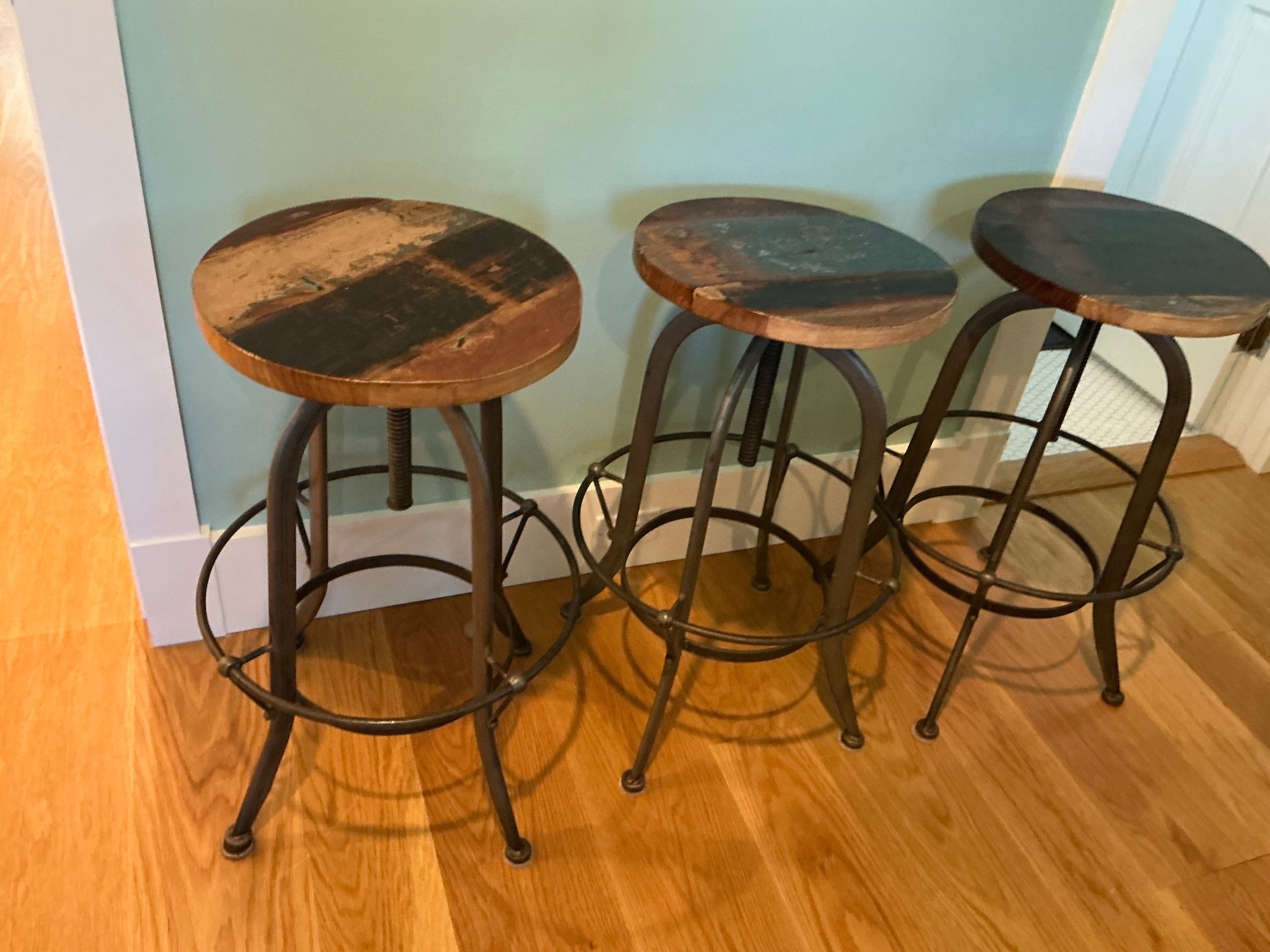 SET of 3 Round Wood & Iron Adjustable Bar Stools (AS IS)