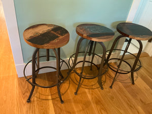 SET of 3 Round Wood & Iron Adjustable Bar Stools (AS IS)