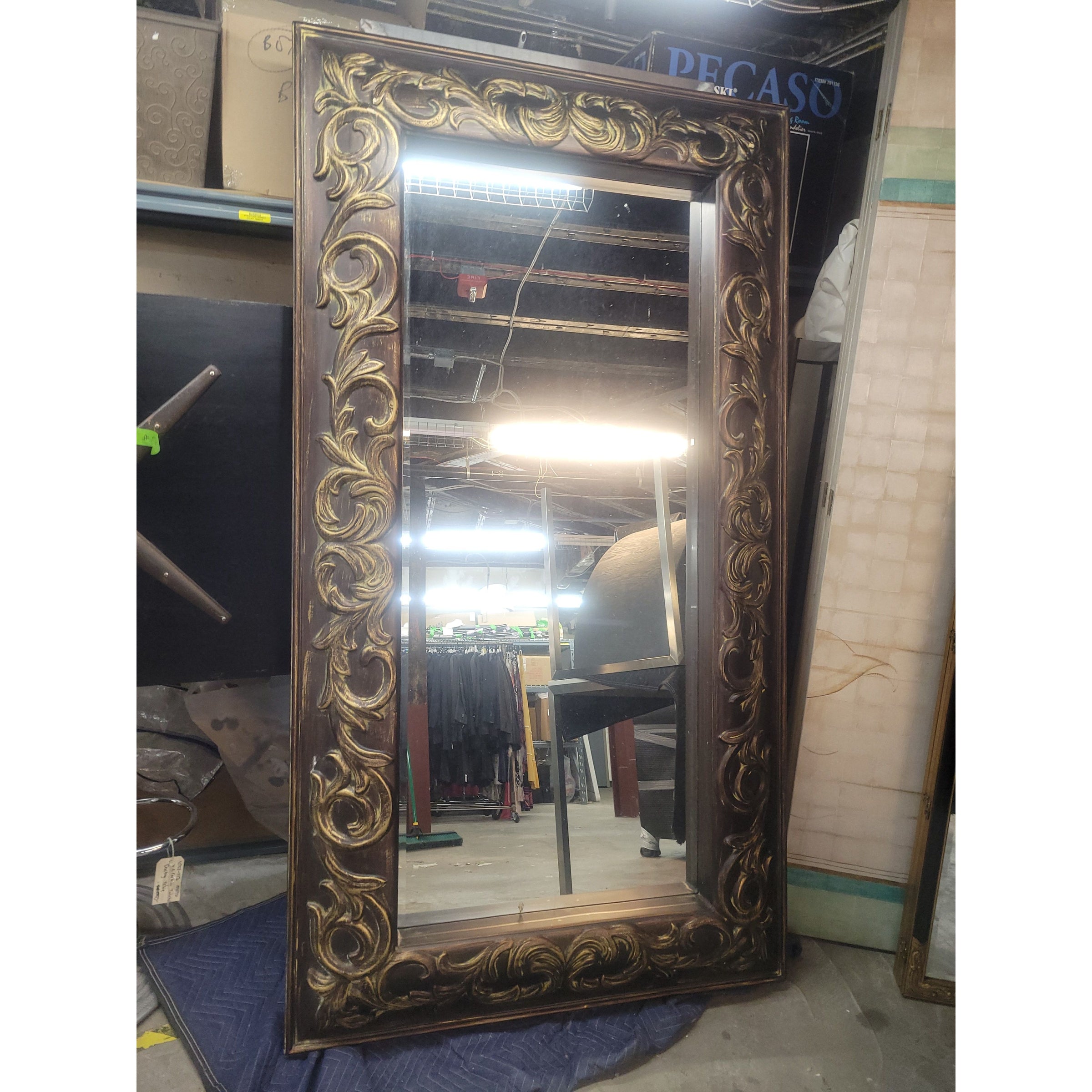 Gold Scrollwork Frame Leaning Mirror w/ Beveled Glass - AS IS