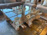 Bleached Teak Live Edge Coffee Table w/ Square Glass Top