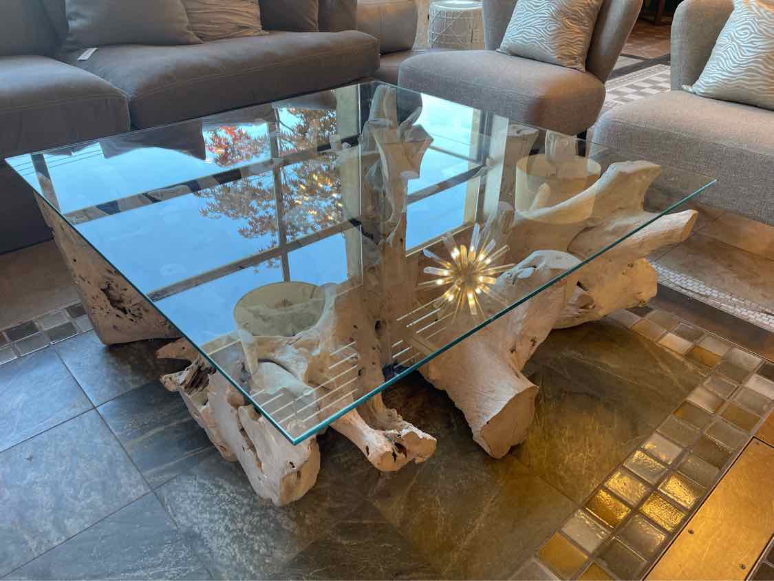 Bleached Teak Live Edge Coffee Table w/ Square Glass Top