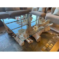 Bleached Teak Live Edge Coffee Table w/ Square Glass Top - colletteconsignment.com