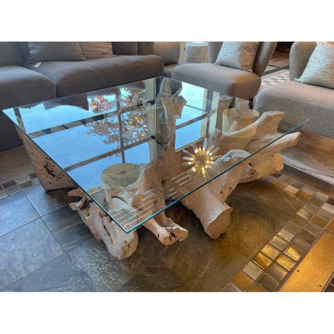 Bleached Teak Live Edge Coffee Table w/ Square Glass Top - colletteconsignment.com