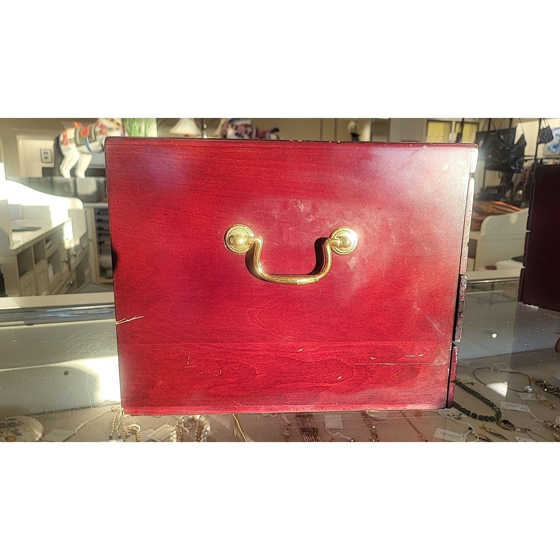 Glass Top Mahogany Cigar Humidor w/ 3 Drawers - colletteconsignment.com