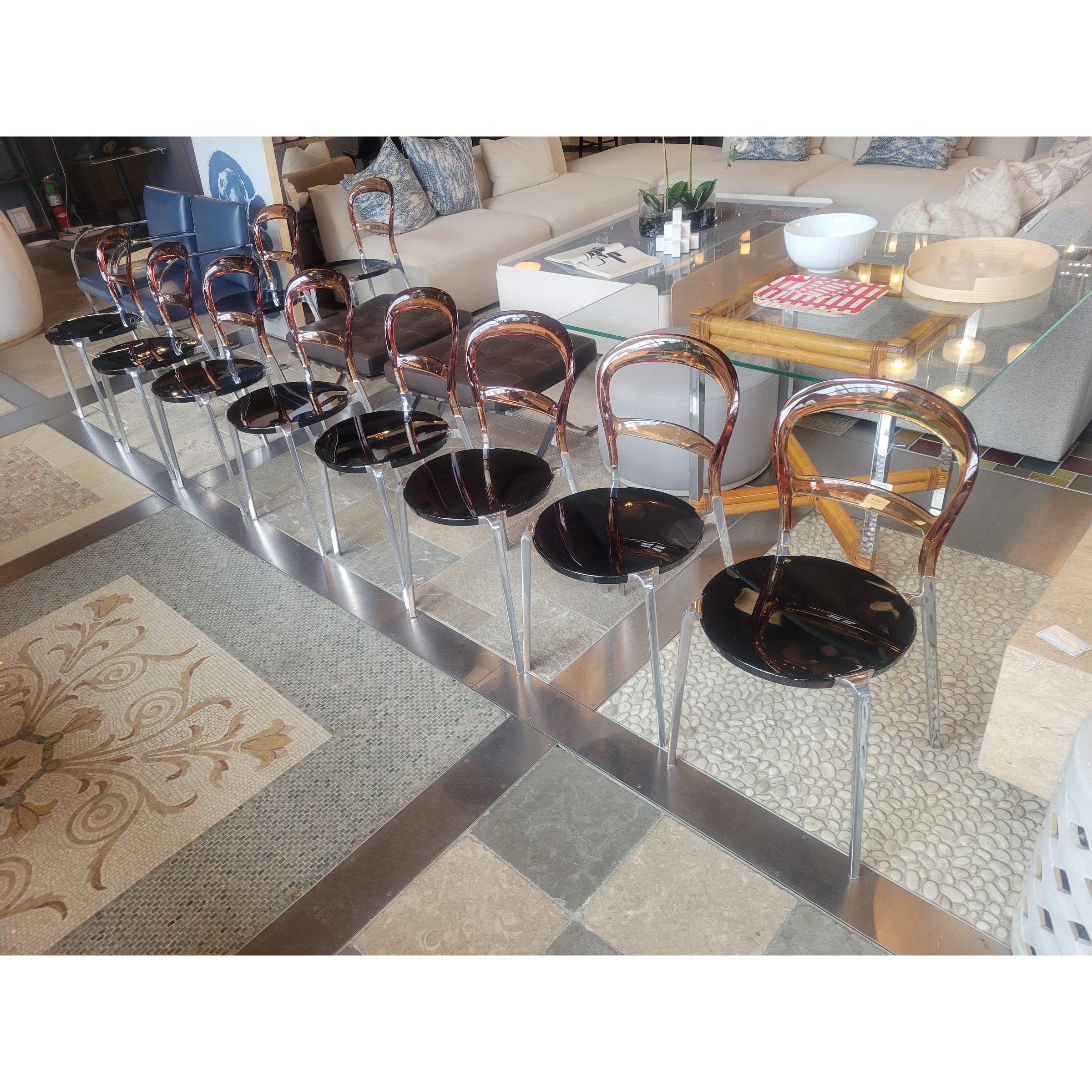 Pair of Wien Transparent Amber & Aluminum Dining Chairs