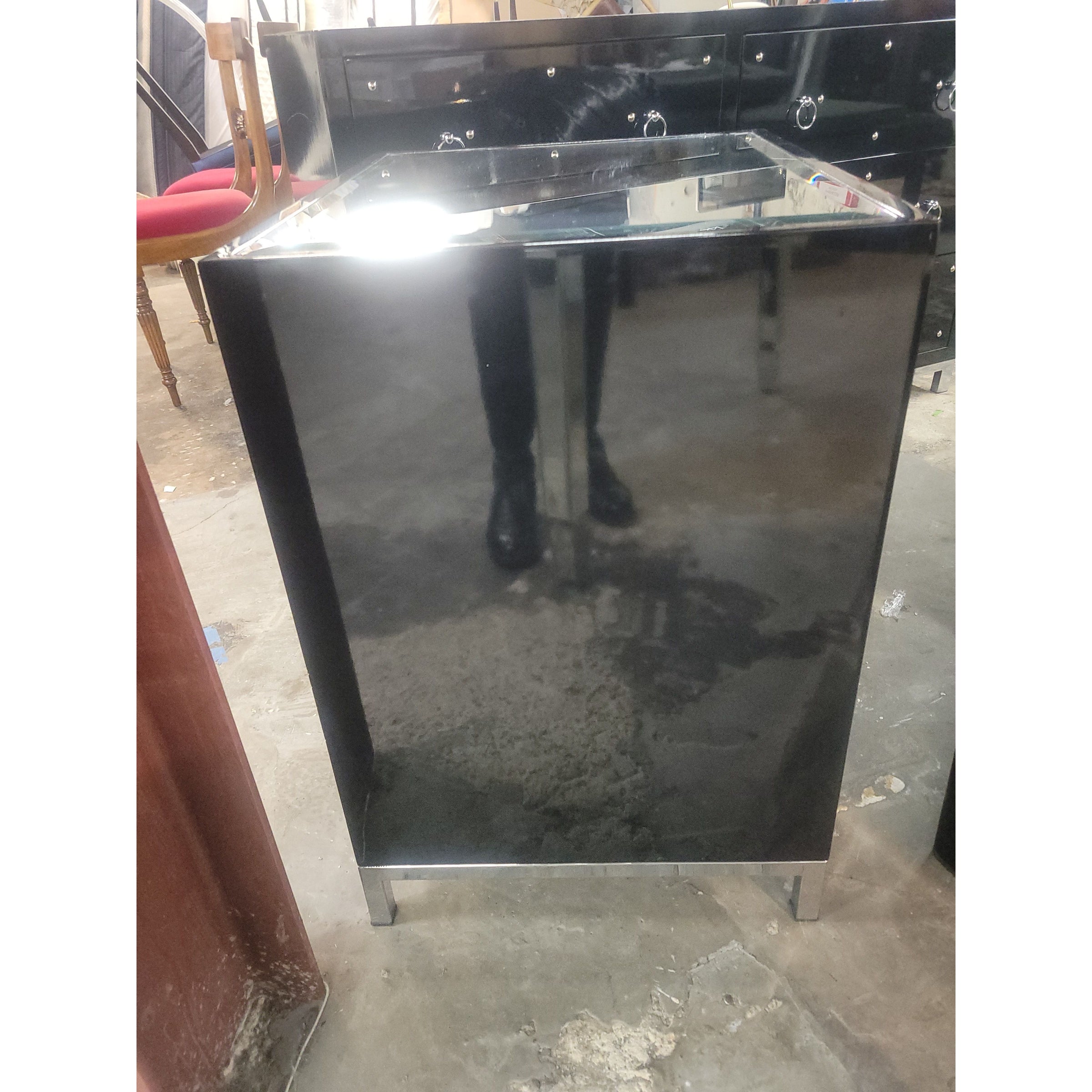 Black Lacquer & Nickel 3-Drawer Nightstand w/ Mirror Top by Worlds Away