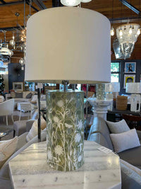 PAIR of Garden Theme Green Metallic Glass Table Lamps w/ Shades
