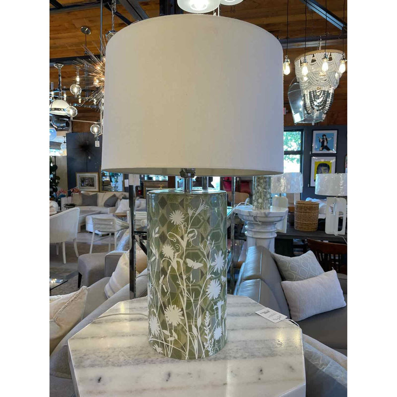 PAIR of Garden Theme Green Metallic Glass Table Lamps w/ Shades - colletteconsignment.com