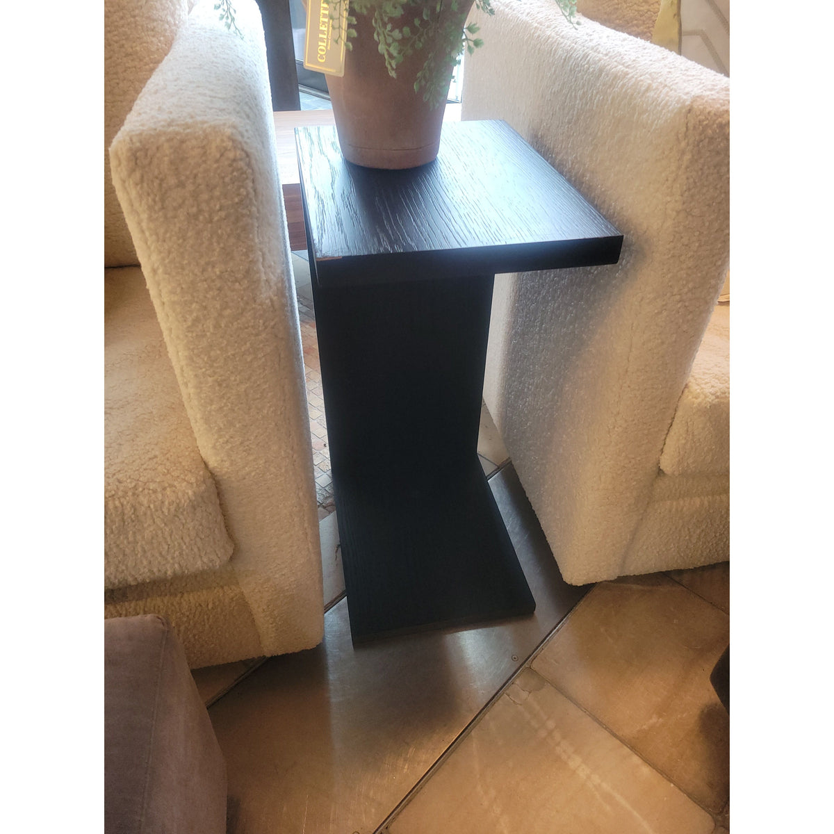 Gray Velvet Ottoman w/ Detachable Dark Oak Side Table - colletteconsignment.com