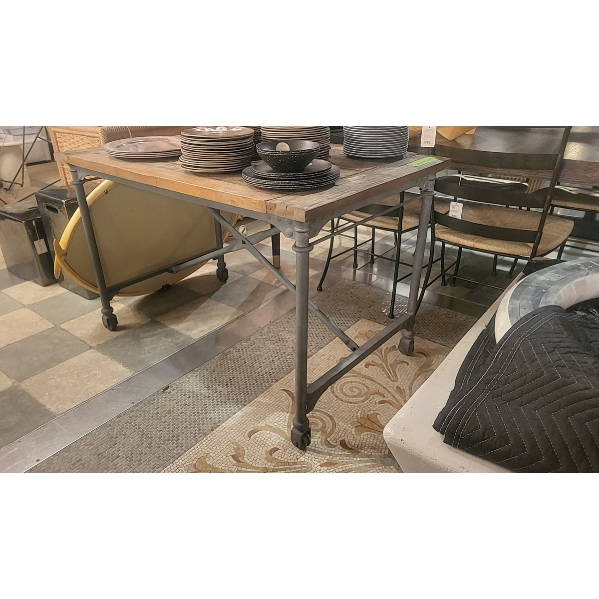Antiqued Elm & Distressed Cast Metal Desk on Wheels by RH - colletteconsignment.com