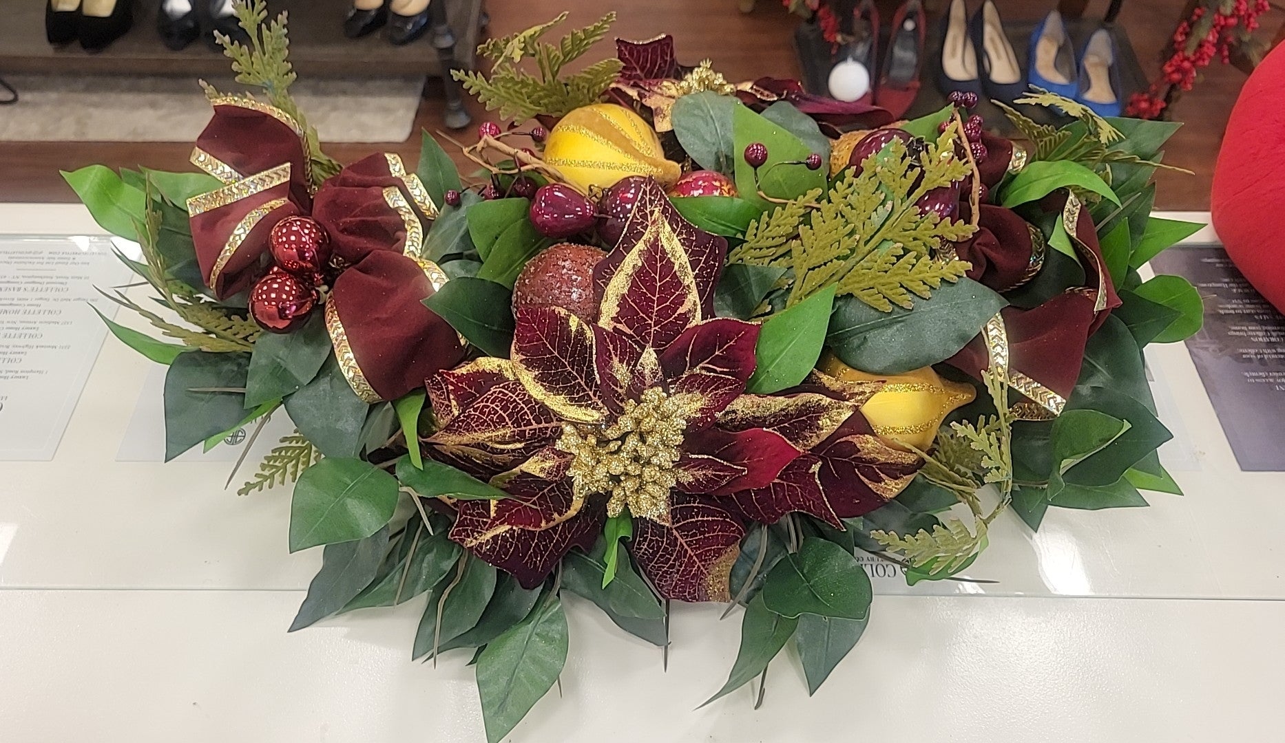 Red & Gold Ribbon on Pears & Leaves Centerpiece