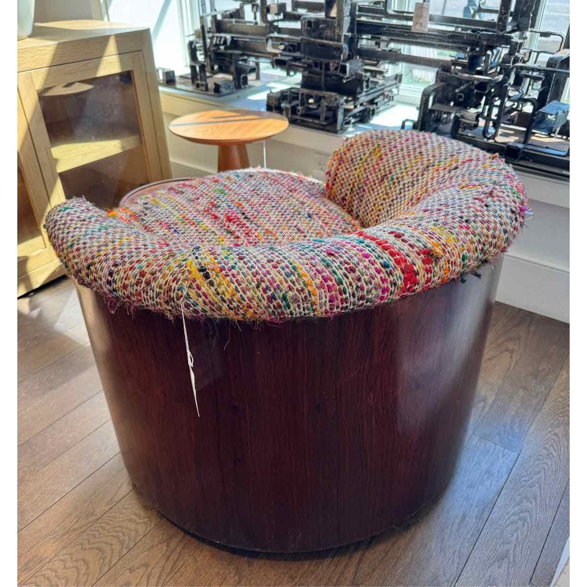 Mid-Century Multicolor Upholstered Swivel Chair w/ Rosewood Base