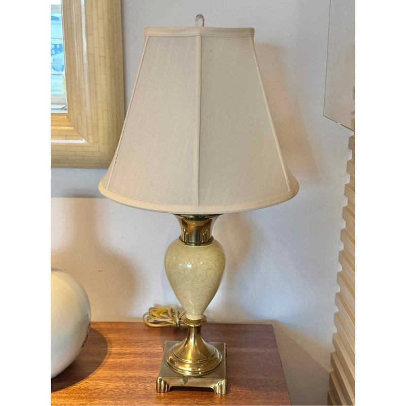 PAIR of Vintage Brass & Cream Table Lamps w/ Off-White Shades