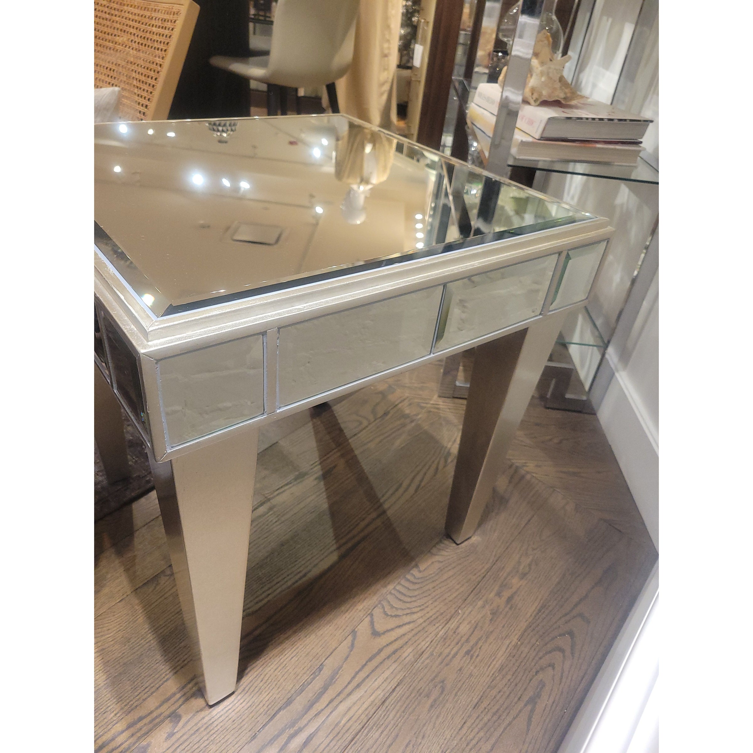 PAIR of Mirrored Glass Silverleaf Finish Side Tables - colletteconsignment.com