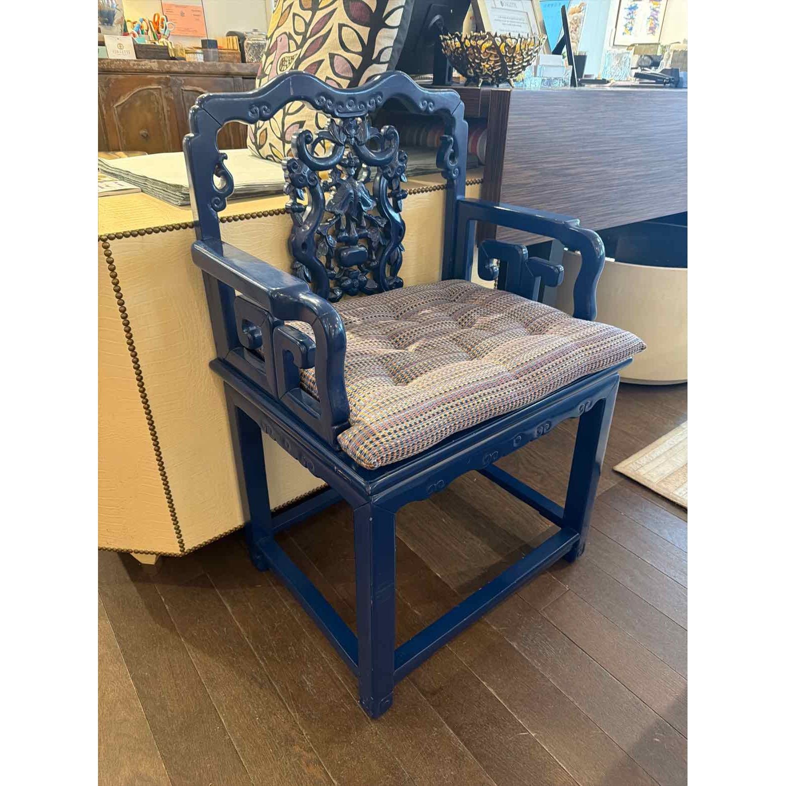 Pair of Blue Lacquered Chinesse Chairs w/ Custom Pillows 24"L x 18.5"D x 37"H - colletteconsignment.com