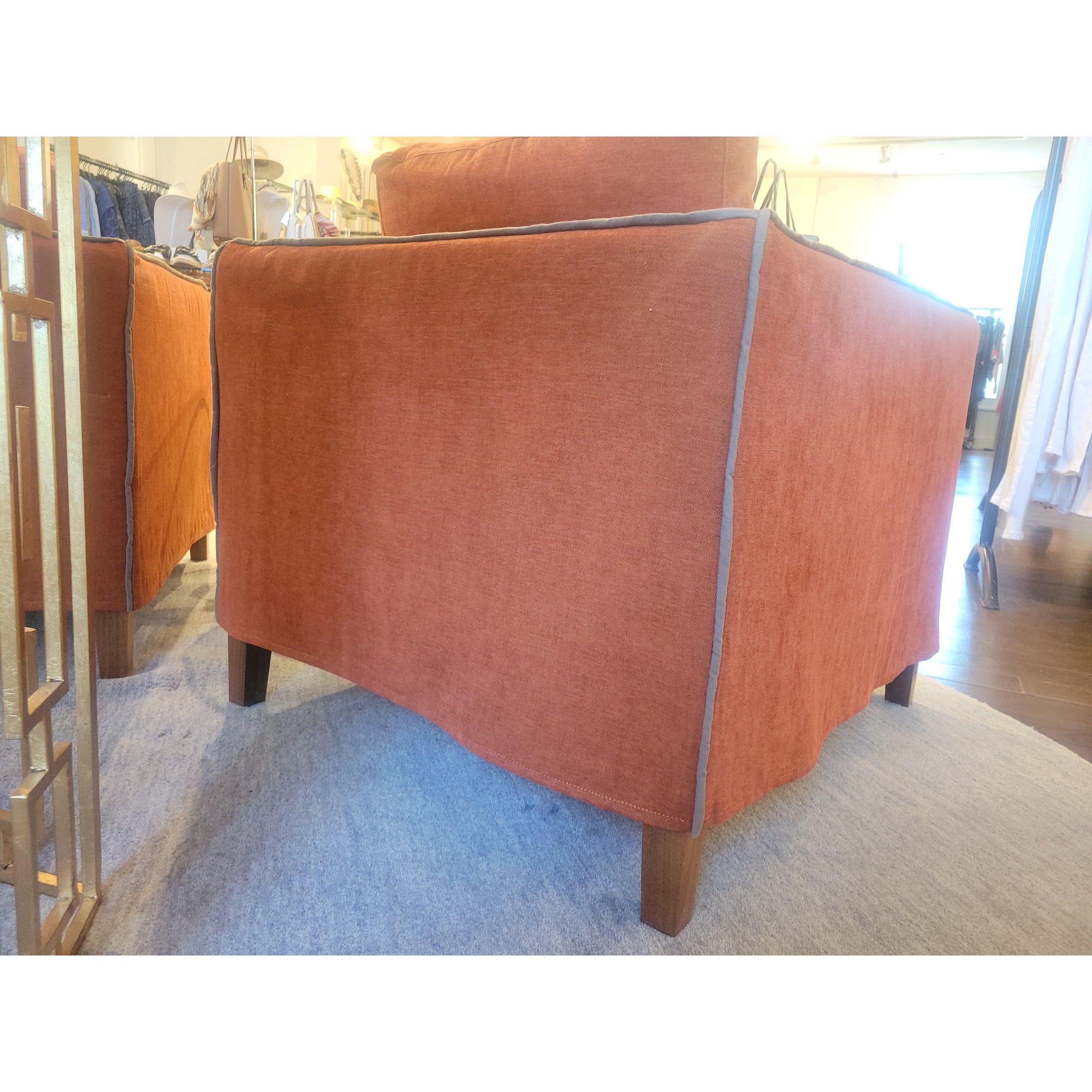 PAIR of Orange Linen Square Lounge Arm Chairs w/ Gray Piping by Flexteam