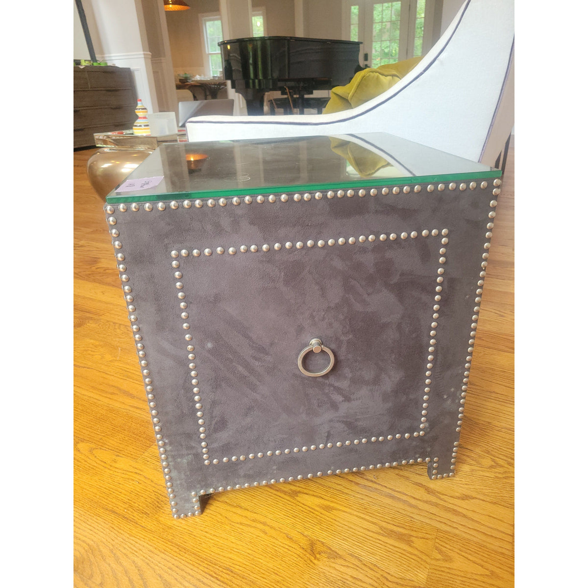 Gray Suede Square Side Table w/ Nailheads & Glass Top by Jonathan Adler