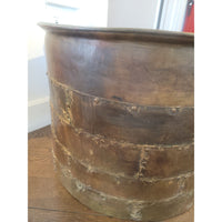 Vintage Metal Drum Coffee Table w/ Antiqued Mirror Glass Top - colletteconsignment.com