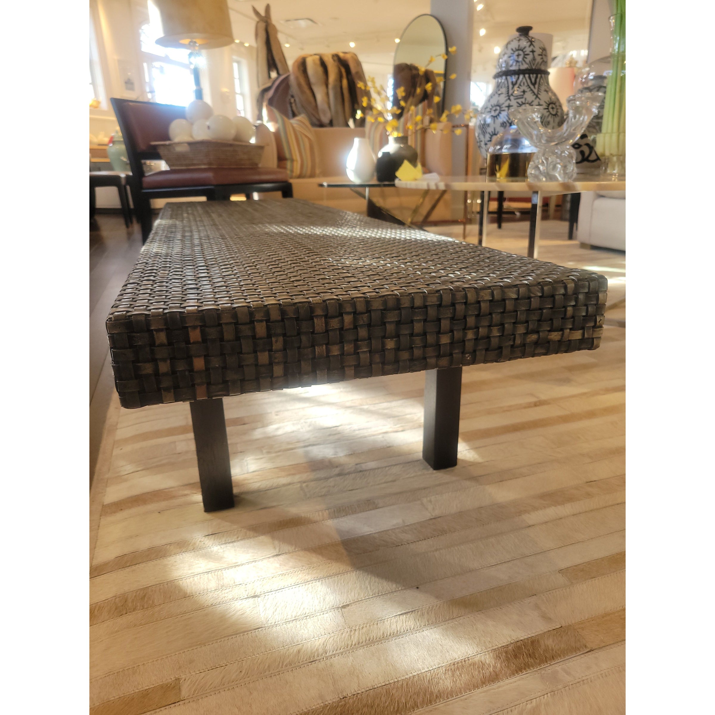 Woven Leather Bench on Dark Wood Legs