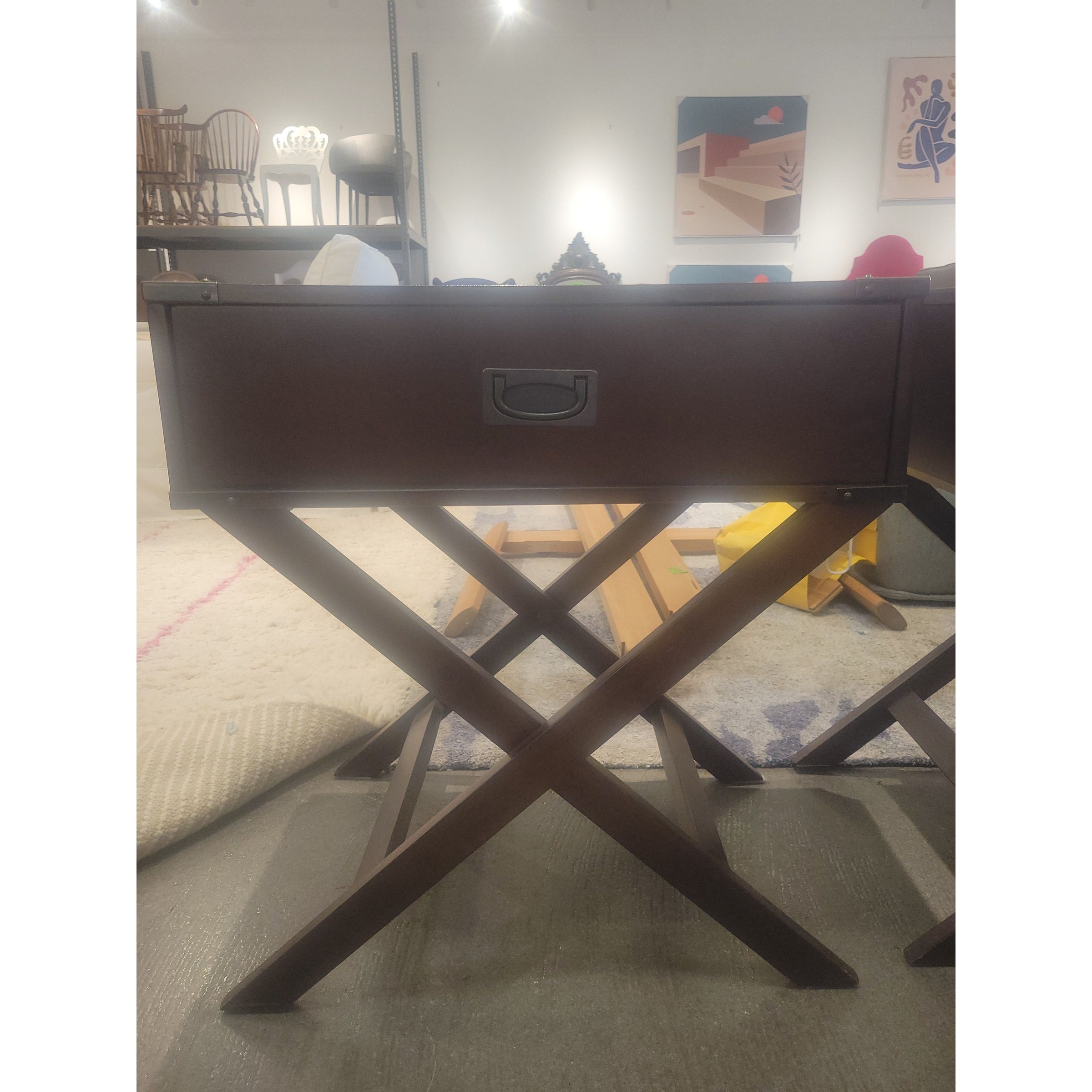 PAIR of Espresso Wood & Nickel 1-Drawer Side Tables