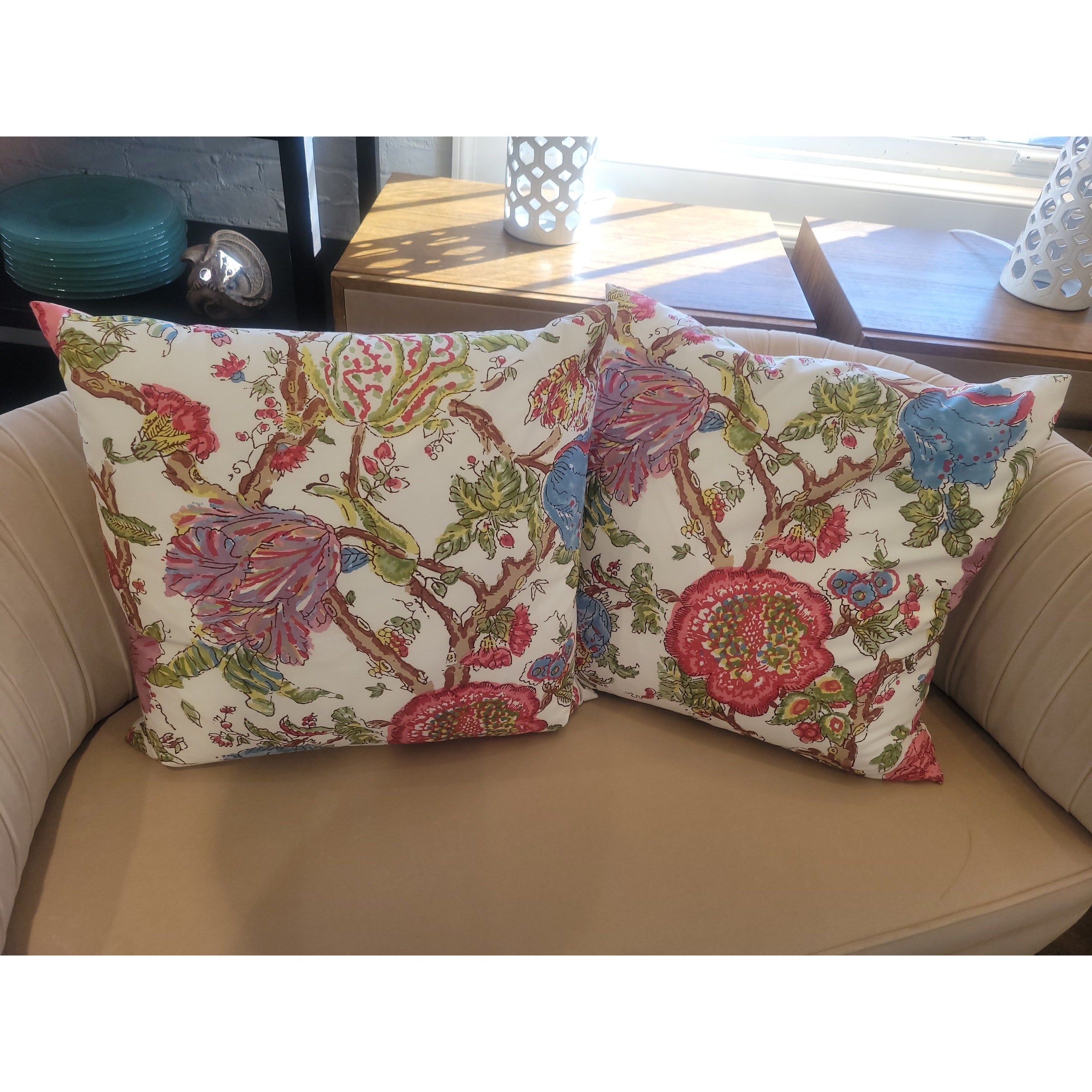 PAIR of Custom Multicolor Floral Print on White Square Pillows