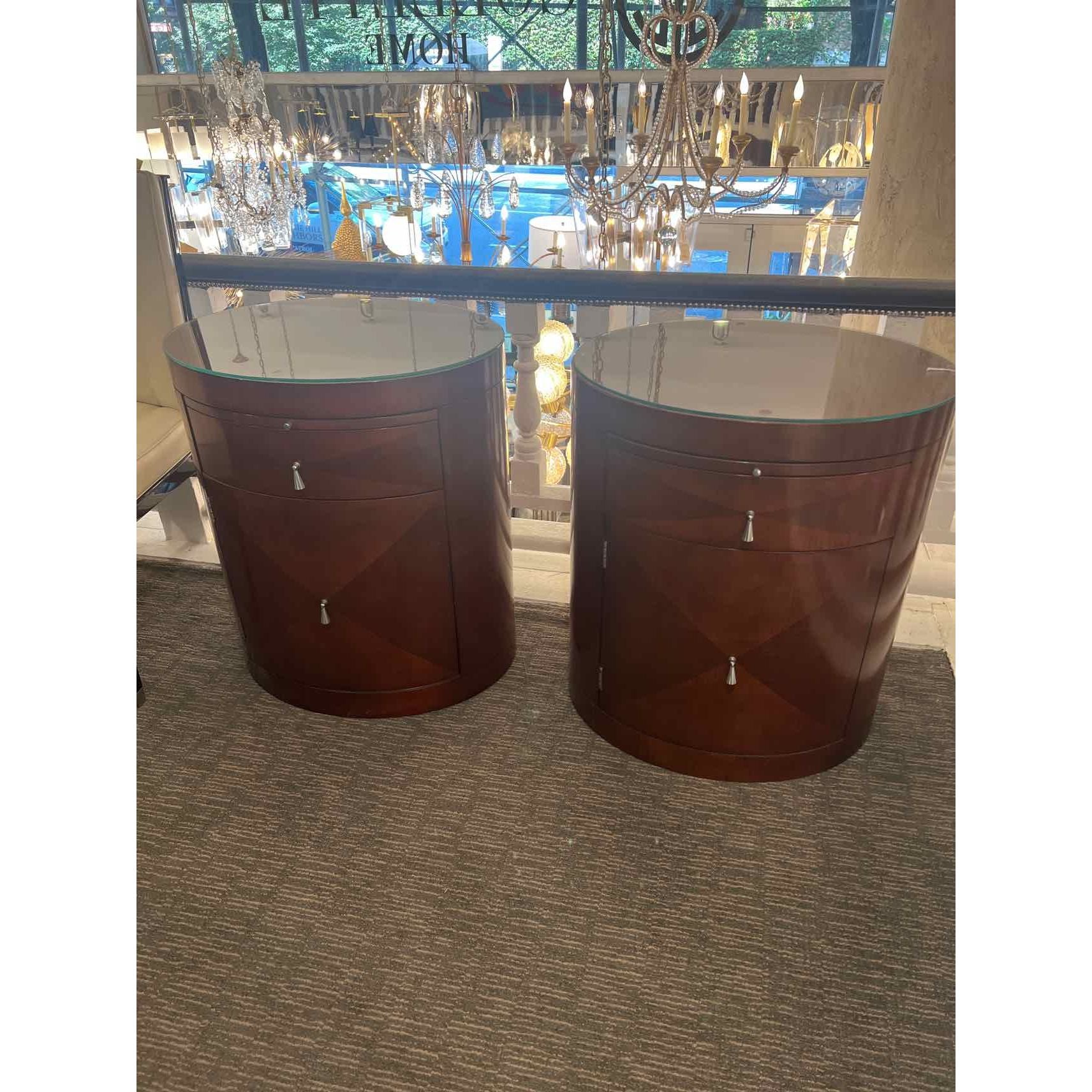 Pair of Barbara Barry Oval Nightstands w/Drawers & Glass Tops