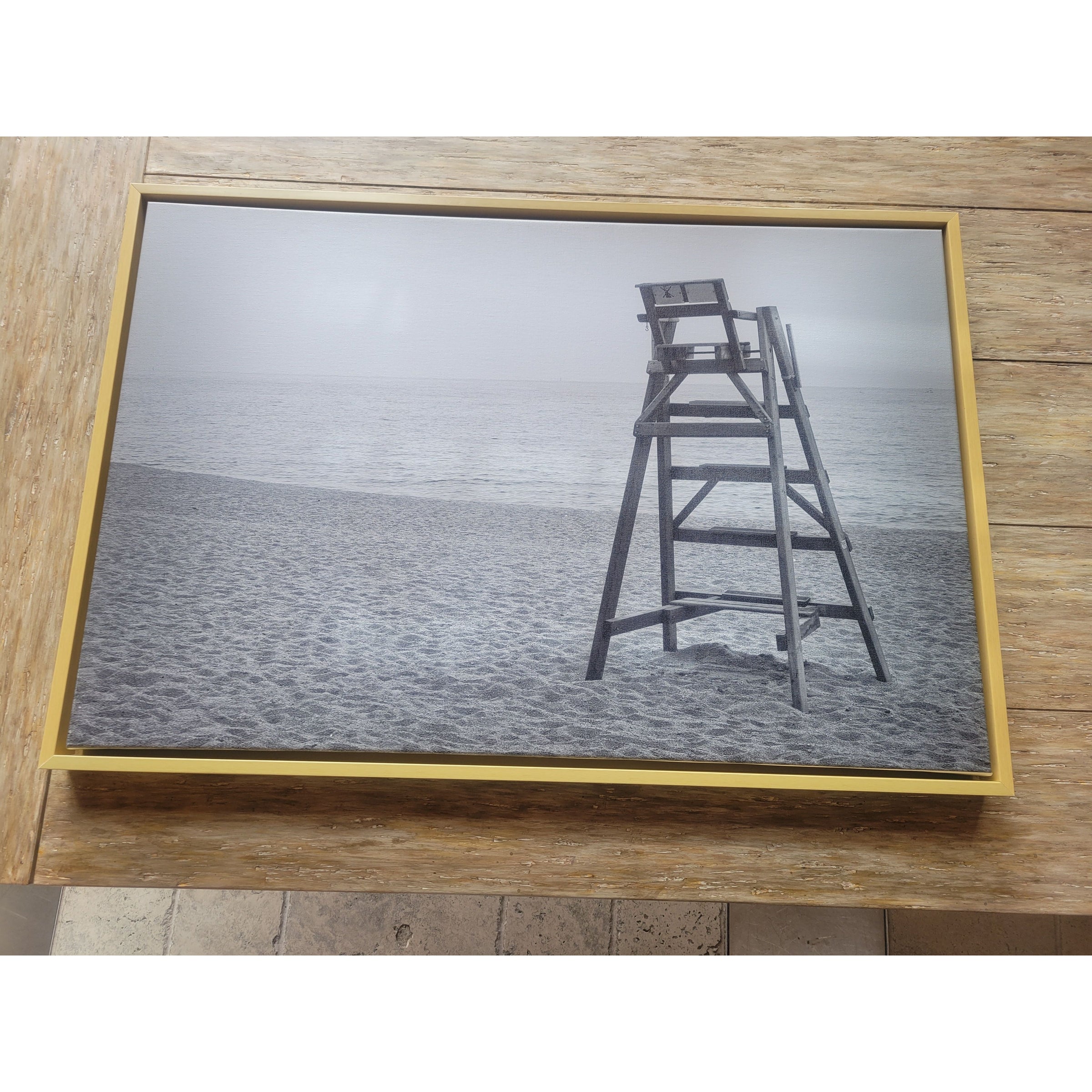 B&W Beach Lifeguard Photograph on Canvas in Floating Wood Frame