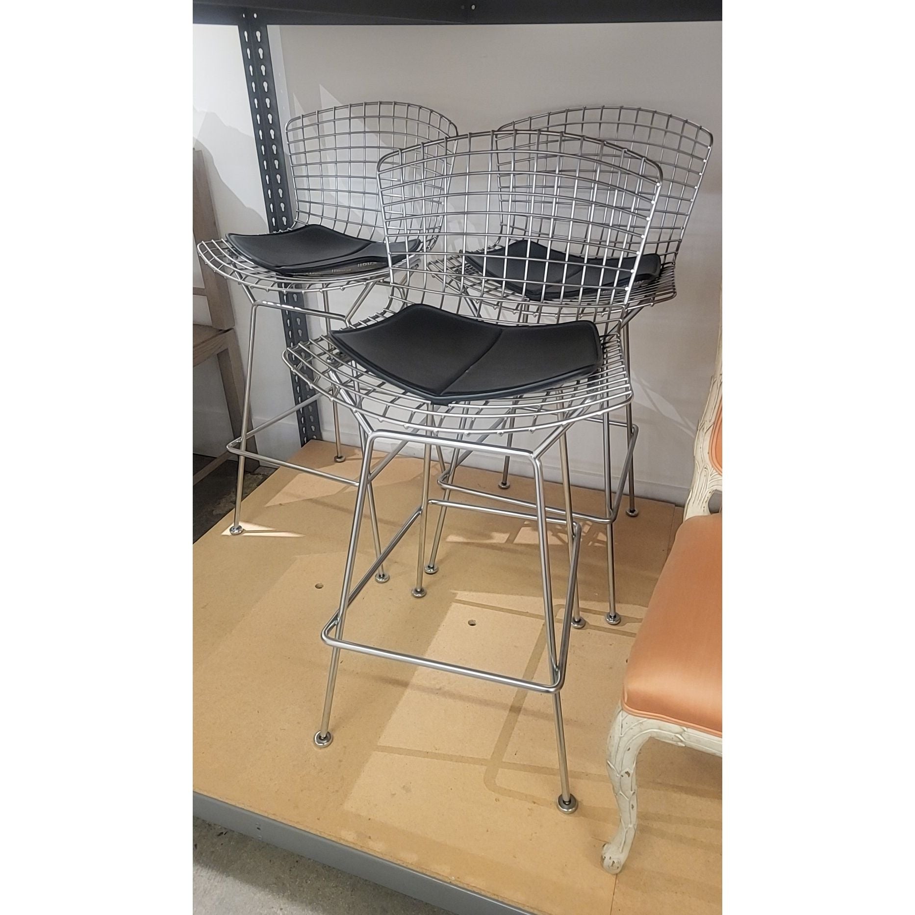 SET of 3 Knoll Style Brushed Chrome Bar Stools w/ Black Seats