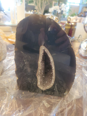 Pair of Black Agate Geode Bookends