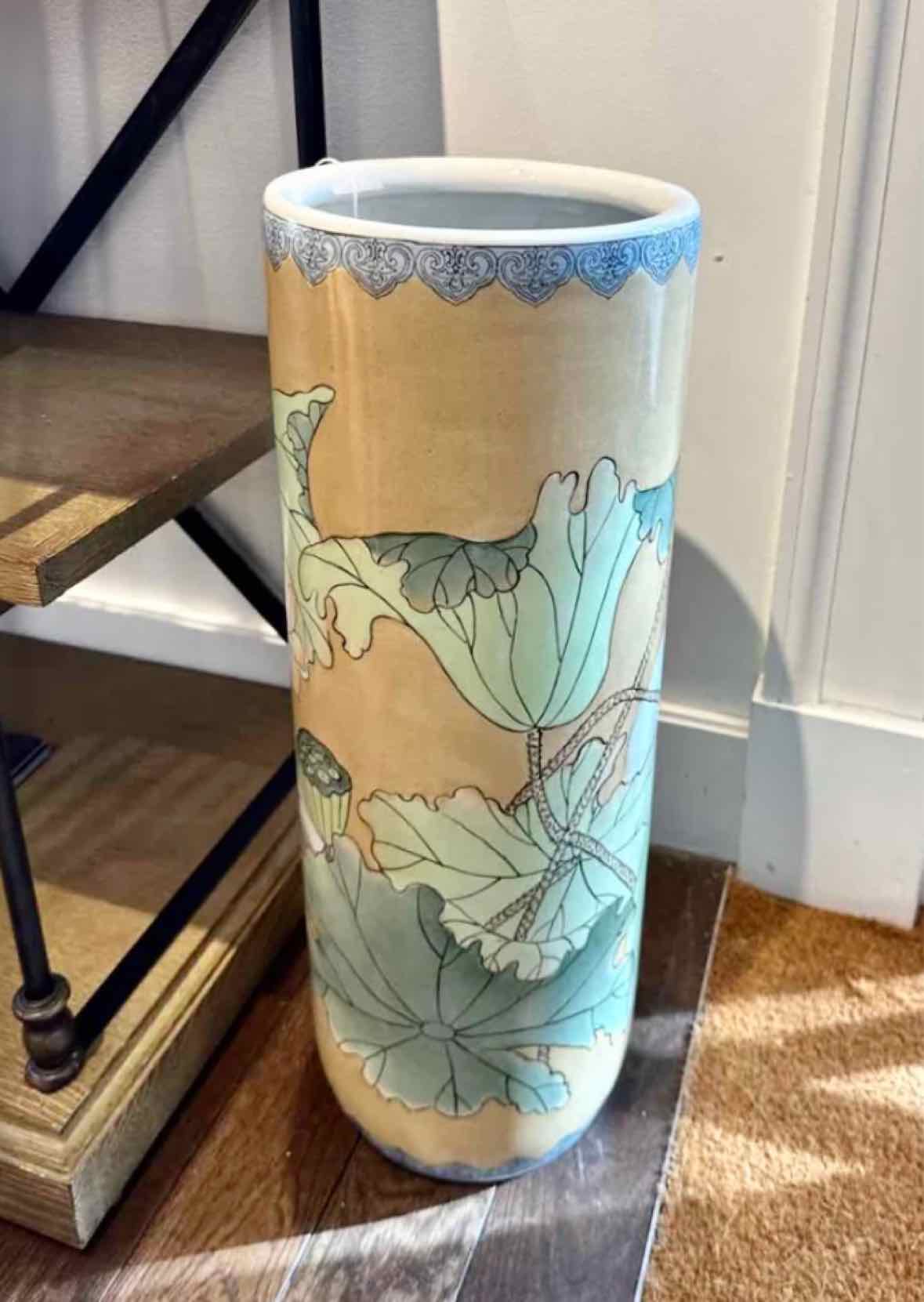 Ceramic Umbrella Stand with/ Tobacco Leaf Pattern 9.5"Diam X 24"H