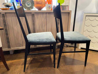 SET of 8 Black Wood Dining Chairs w/ Blue Velvet Seats by Paul McCobb
