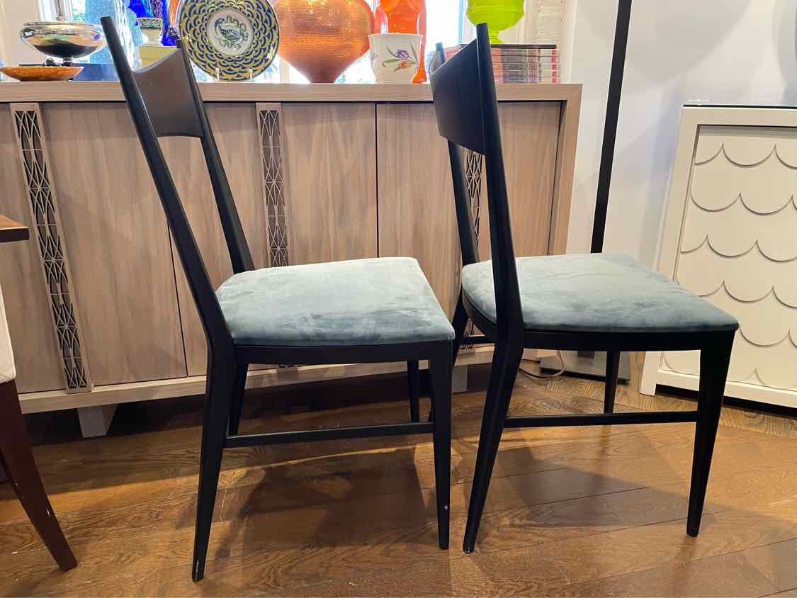 SET of 8 Black Wood Dining Chairs w/ Blue Velvet Seats by Paul McCobb