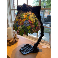 'Daphne' Sculptural Bronze Lamp w/ Stained Glass Shade by E. Thomasson