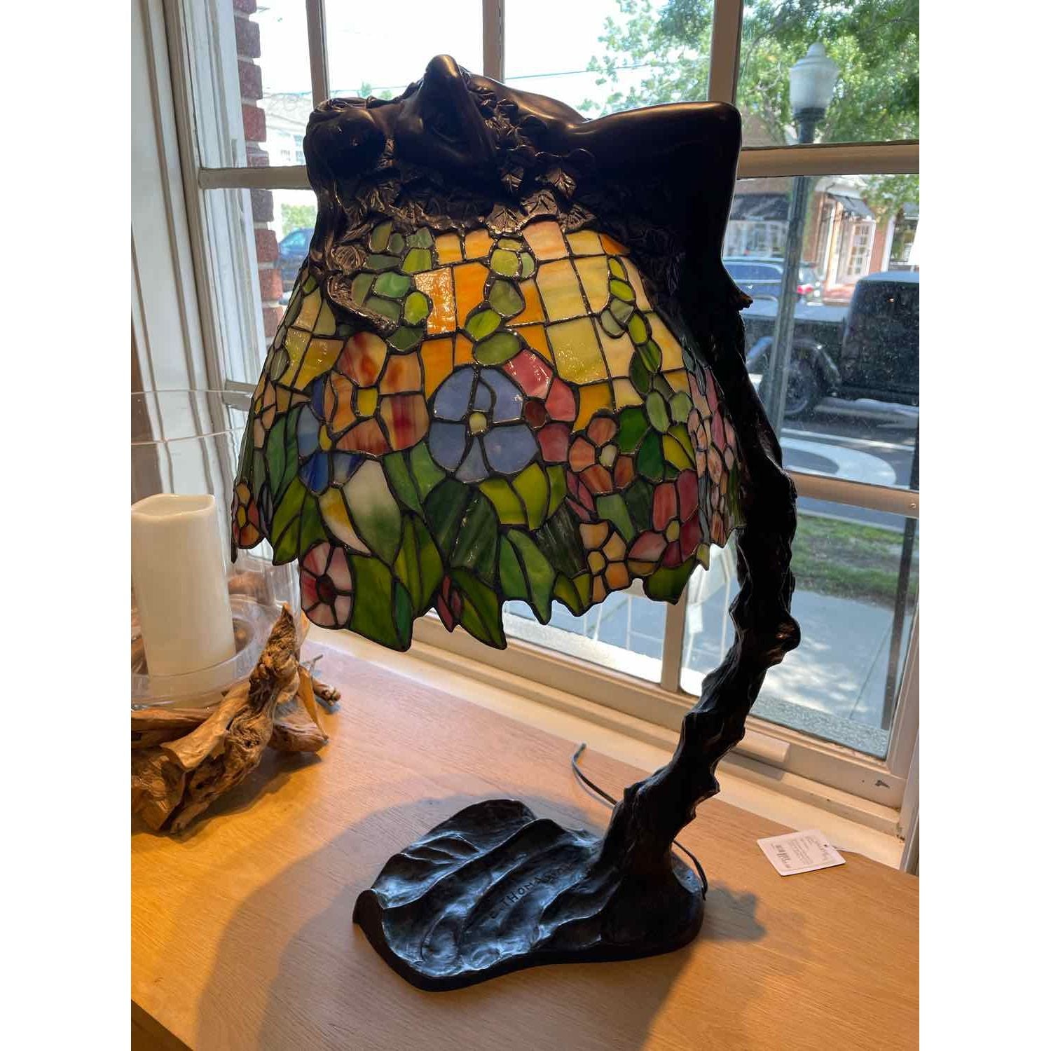 'Daphne' Sculptural Bronze Lamp w/ Stained Glass Shade by E. Thomasson