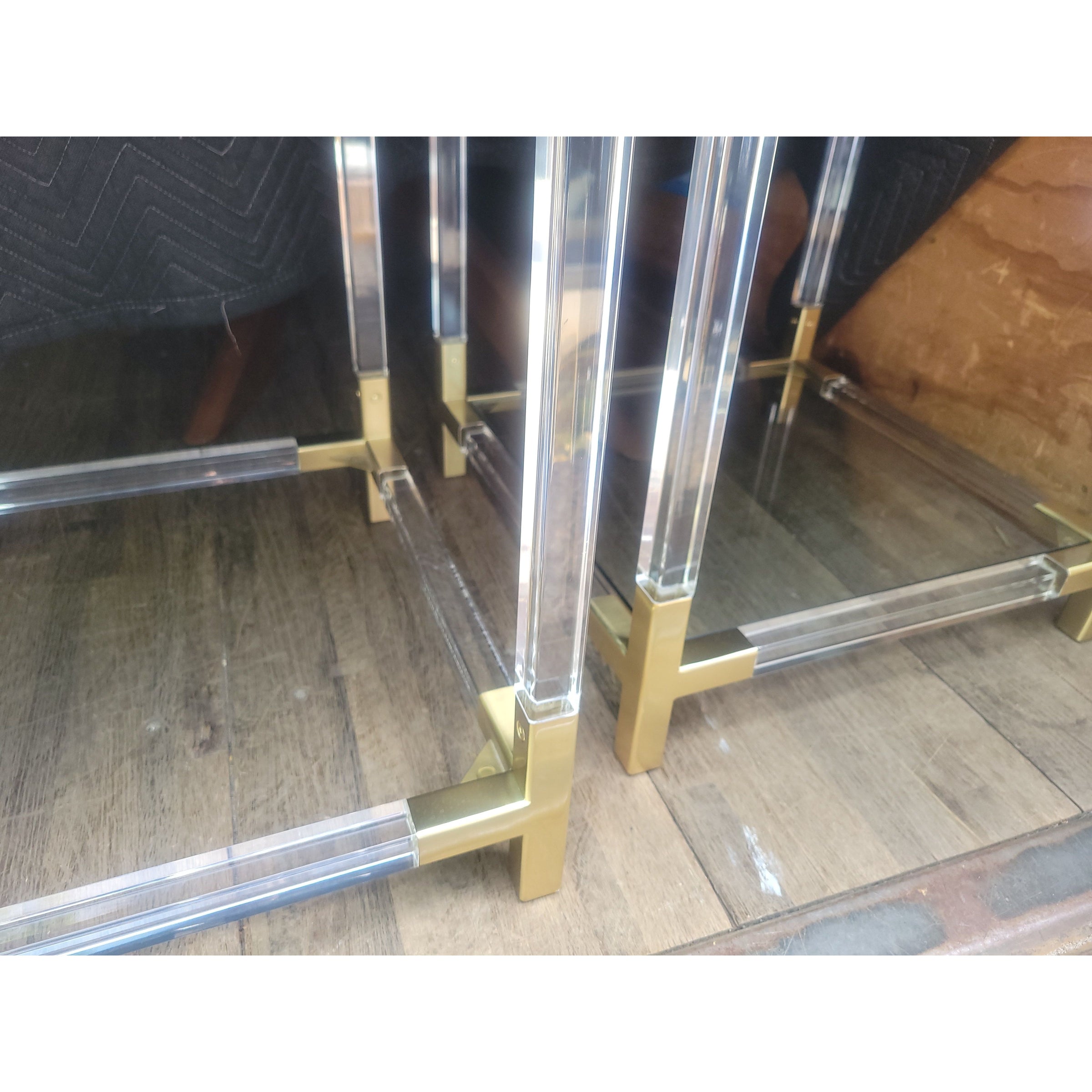 PAIR of Jacques Acrylic, Brass & Navy Faux Leather Nightstands by JA (AS IS)