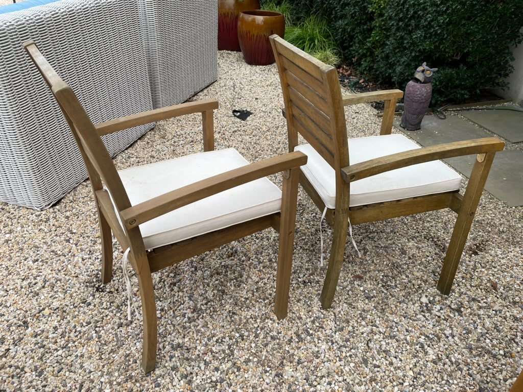 Pair of Teak Outdoor Dining Chair w/ White Cushions