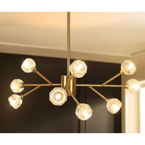 9-Light Gold Rustic Industrial Mid-Century Sputnik Linear Chandelier