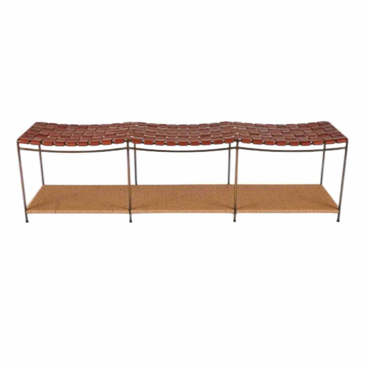 3-Seat Single Rail Handwoven Cognac Leather Bench w/ Rush Shelf by Milwood