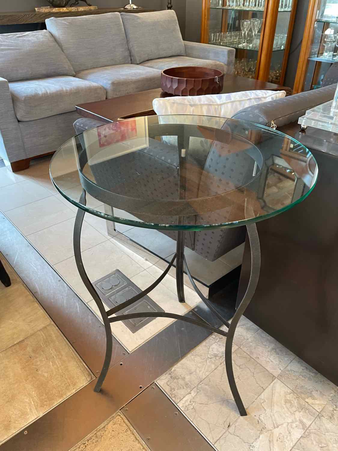 Black Metal Tripod Side Table w/ 2-ft Round Glass Top