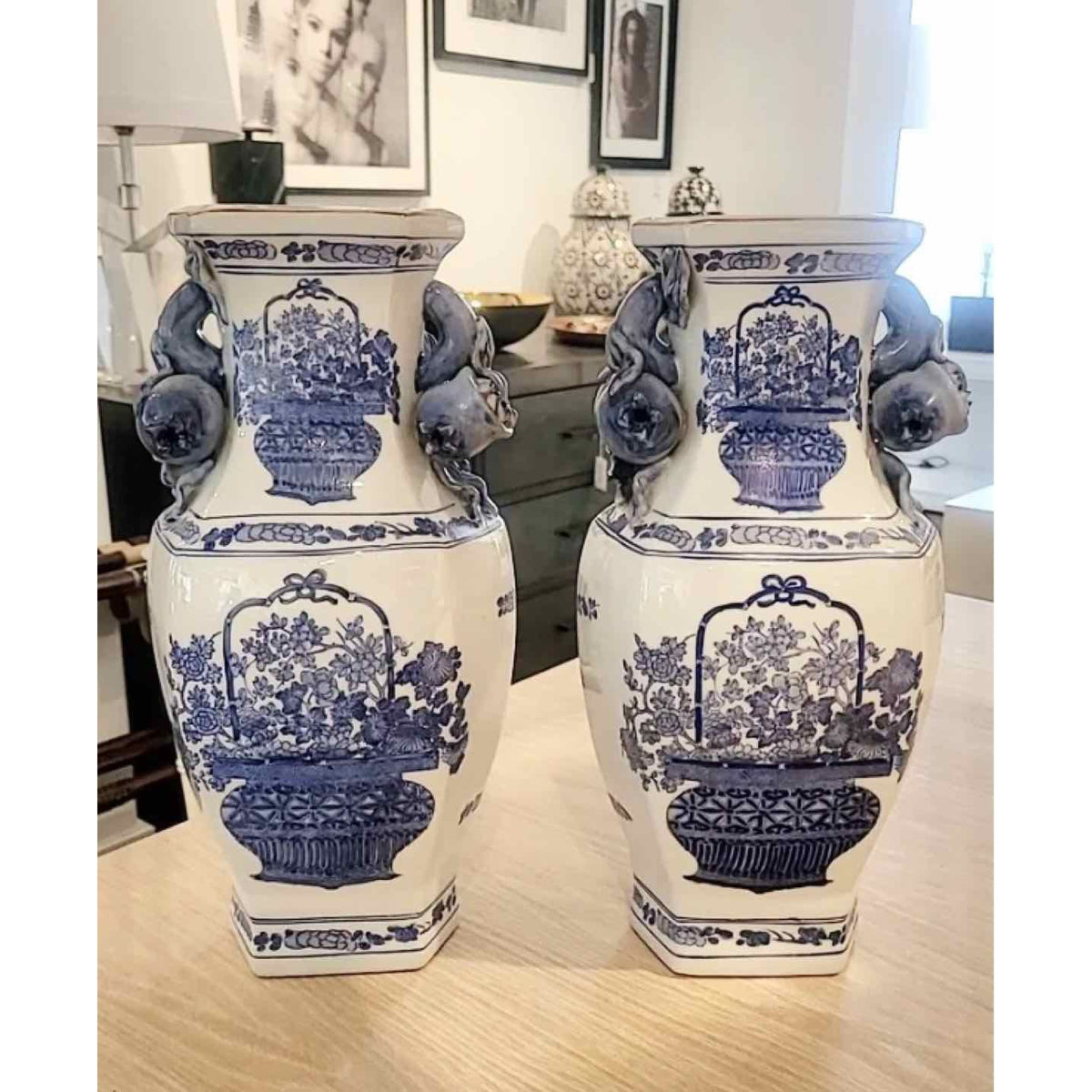 PAIR of Blue & White Porcelain Vases w/ Pomegranate Handles