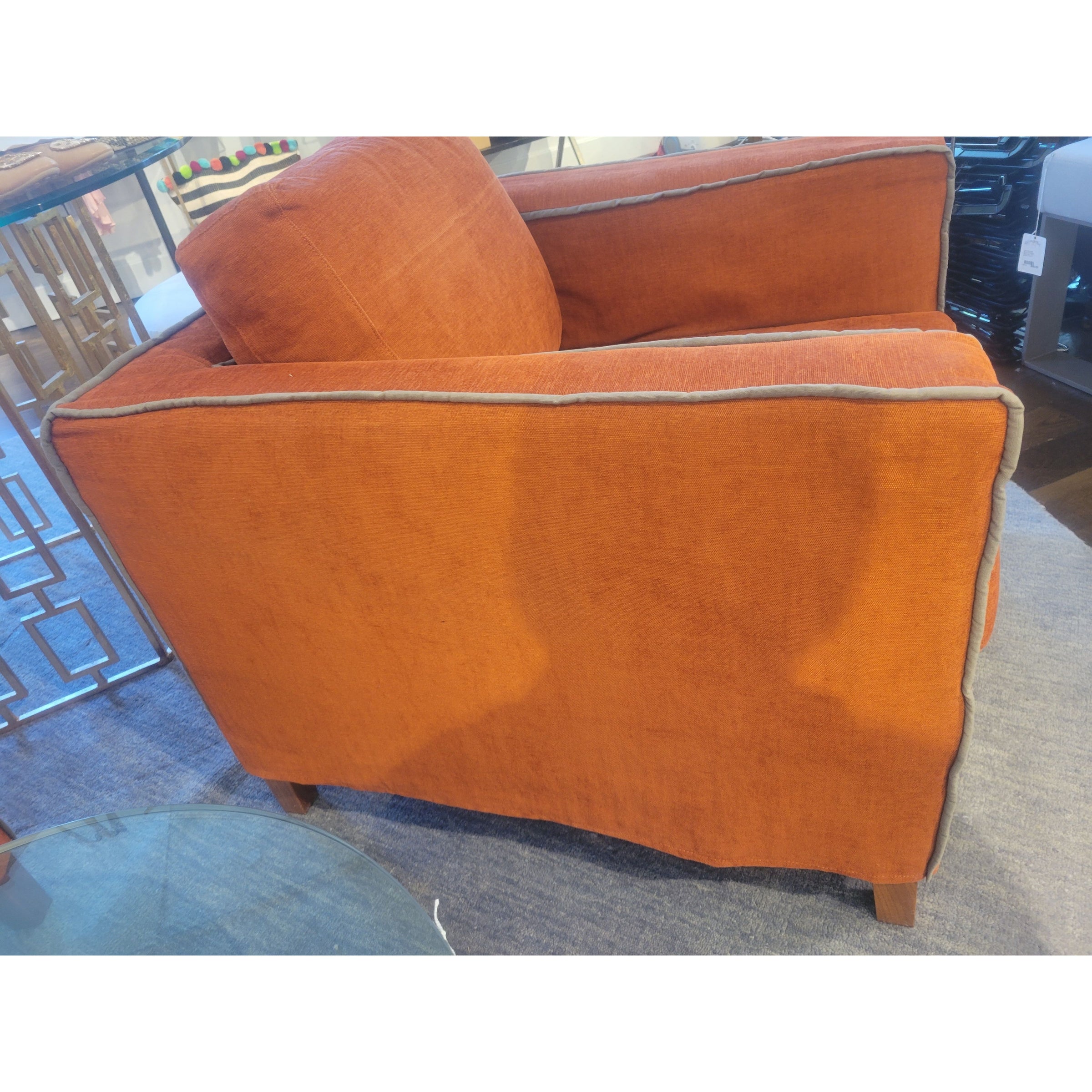 PAIR of Orange Linen Square Lounge Arm Chairs w/ Gray Piping by Flexteam