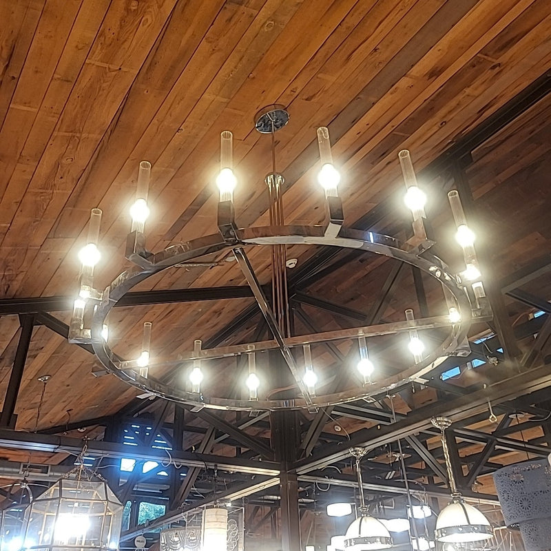 6-ft Round Chrome Chandelier w/ Glass Hurricanes - colletteconsignment.com